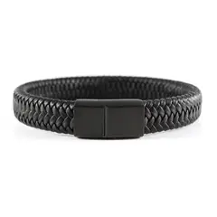 MILLAM - Pulsera de Hombre Cuero Negro Tejido Espiga Broche Mate