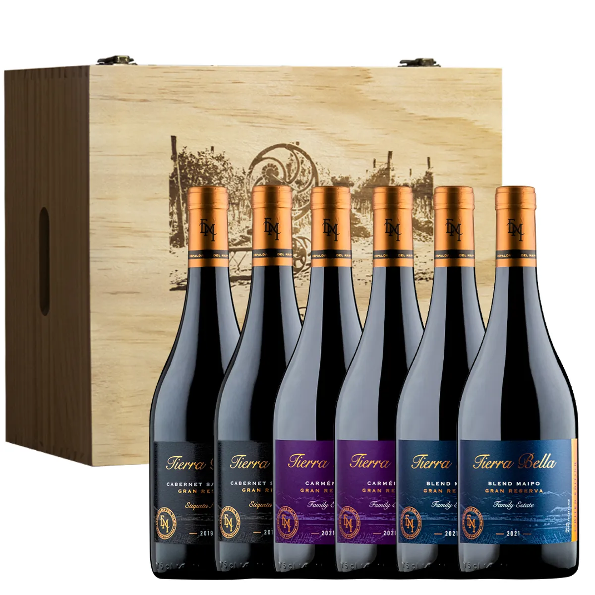 ESPALDARES DEL MAIPO - CAJA MADERA 6 VINOS TIERRA BELLA GRAN RESERVA