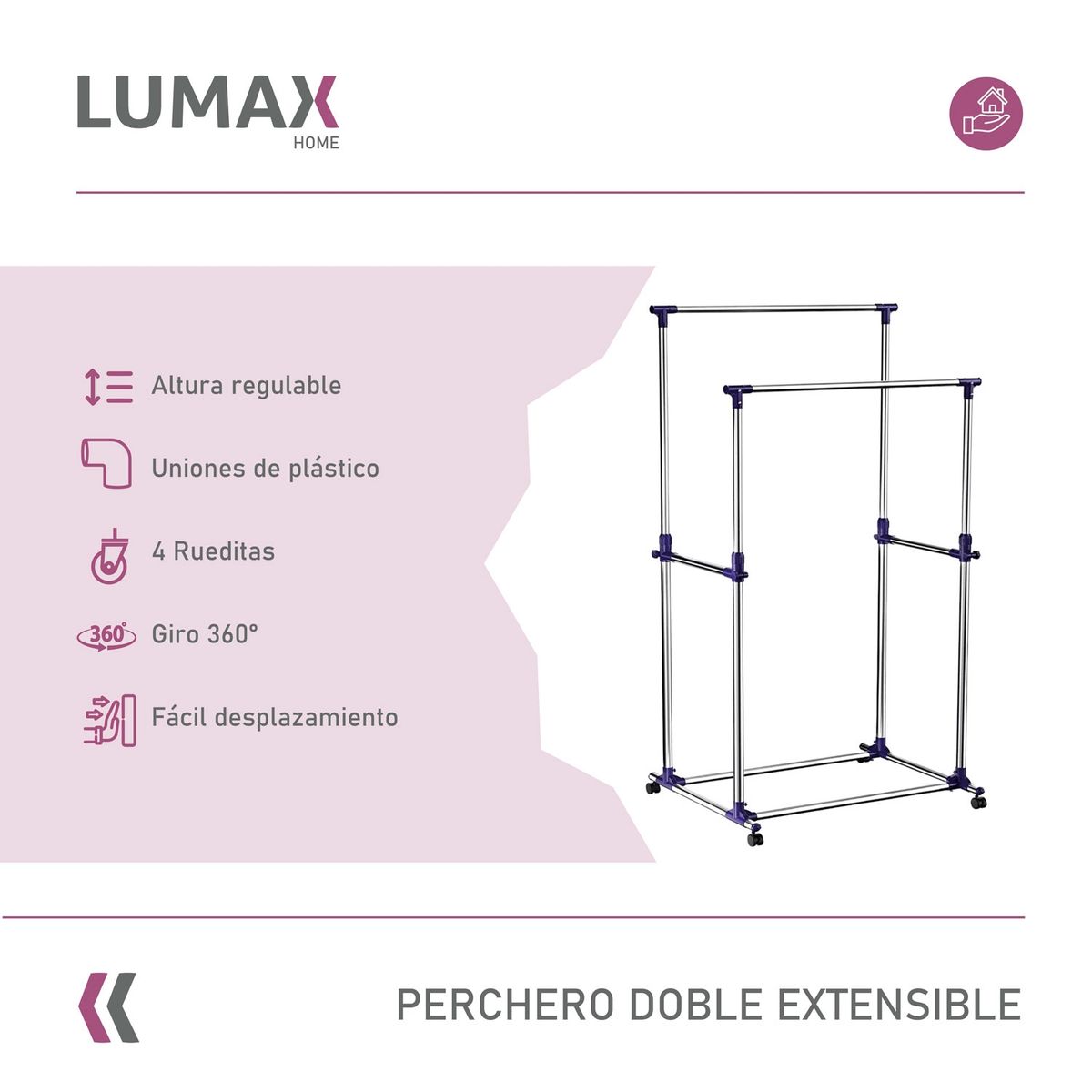 LUMAX - Perchero Doble Portatil y Extensible Con Ruedas
