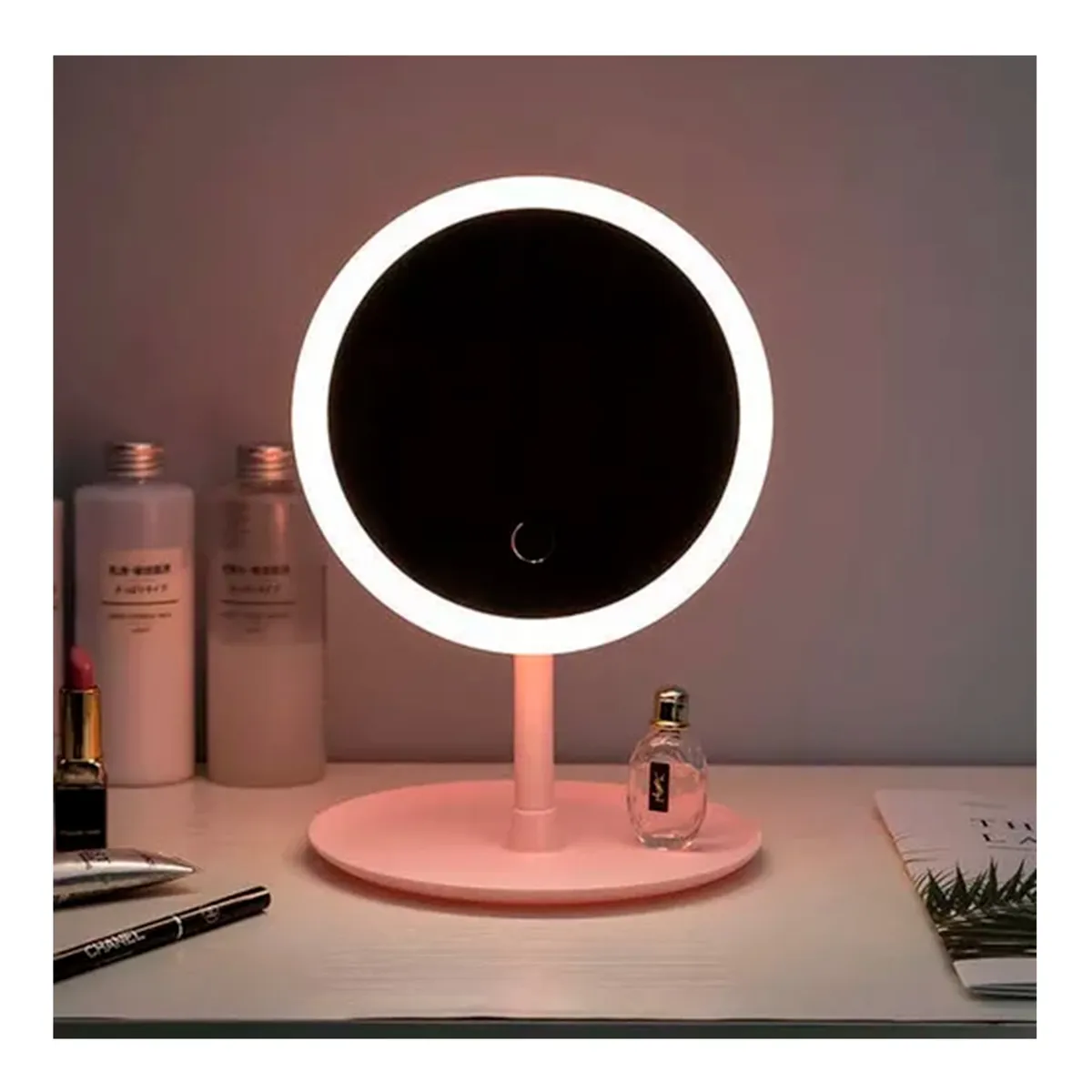 GENERICO - Espejo Con Luz Led Usb Rosado Plegable Redondo