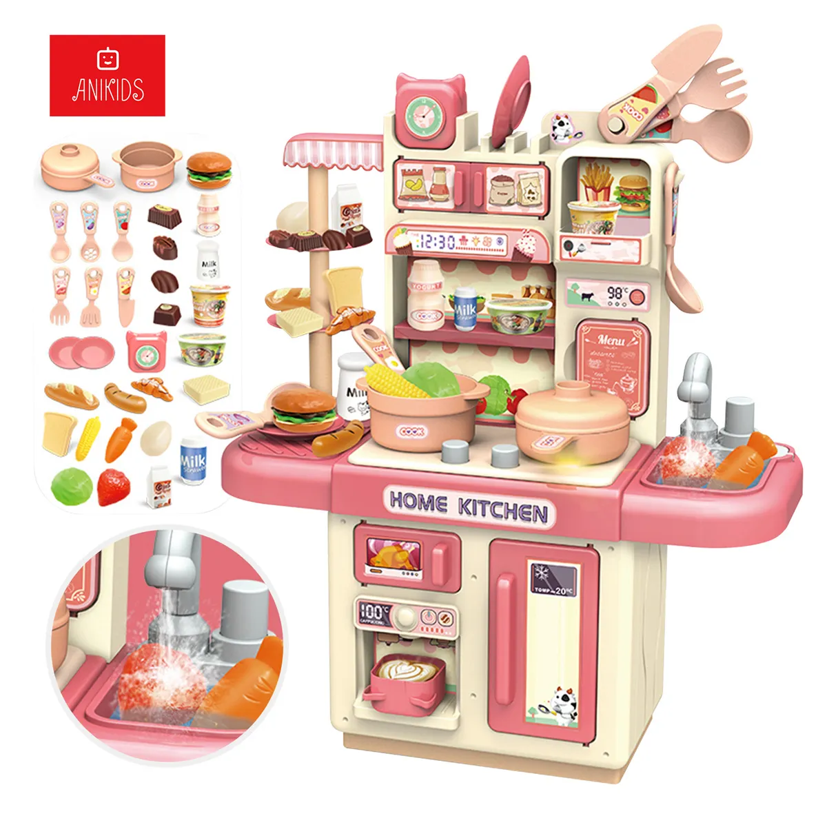 ANIKIDS - Cocina De Juguete Kitchen 32pcs Juego De Niñas Niños Rosado