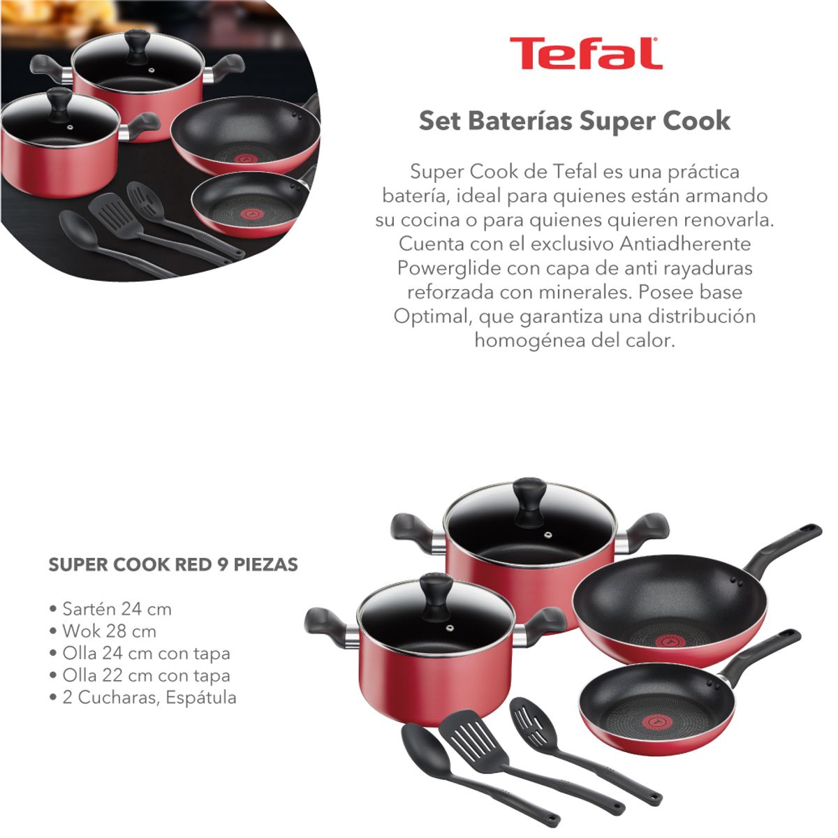 TEFAL - Bateria de cocina Antiadherente SuperCook 9 PCS