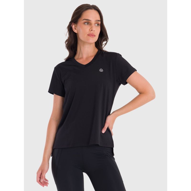 BSOUL - Polera cuello V deportiva Mujer Manga Corta Negra BSOUL