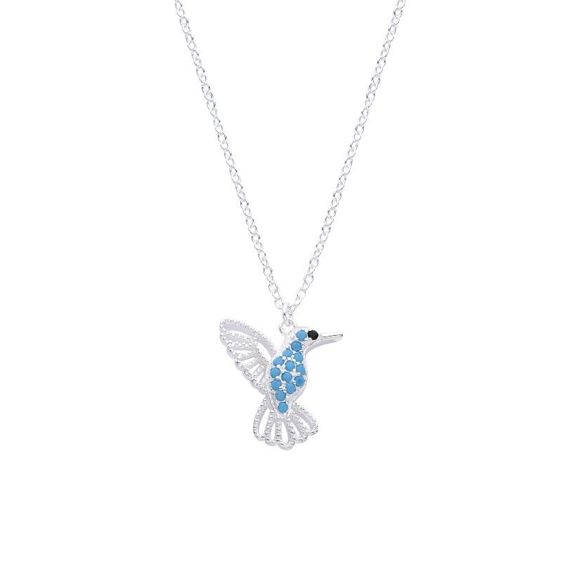 ANDREA COGGIOLA JOYAS - Collar Colibrí Cristal Celeste Calado Plata Fina 925