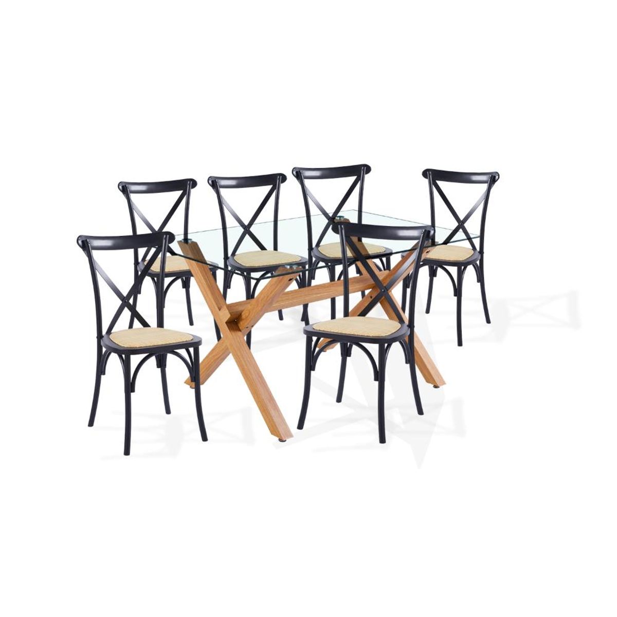 KLIK - Comedor mesa de vidrio cross 140x90 + 6 sillas Crossback Madera Negras KLIK