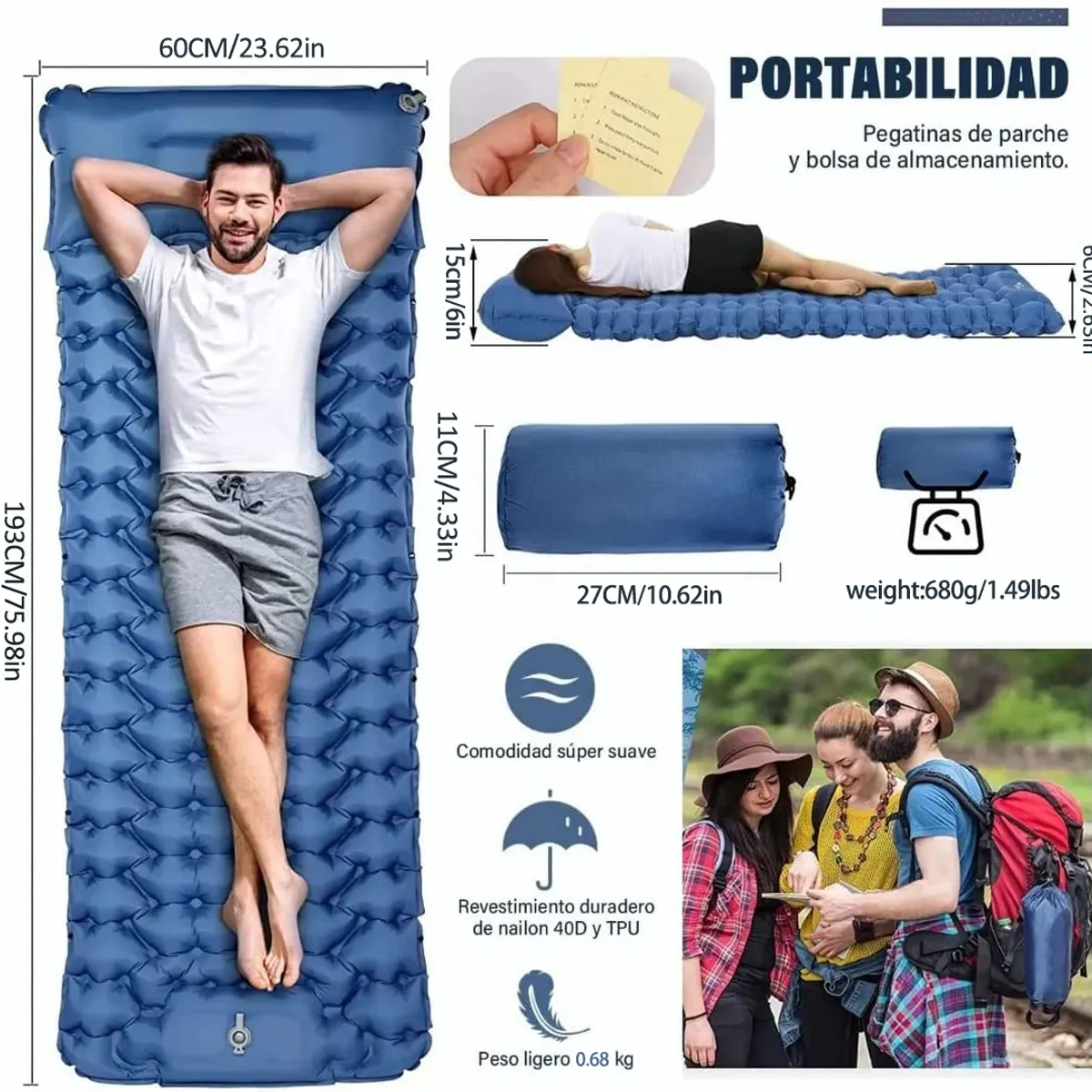 BLUEDREAMER - Colchoneta Inflable Plegable Para Acampar Y Senderismo