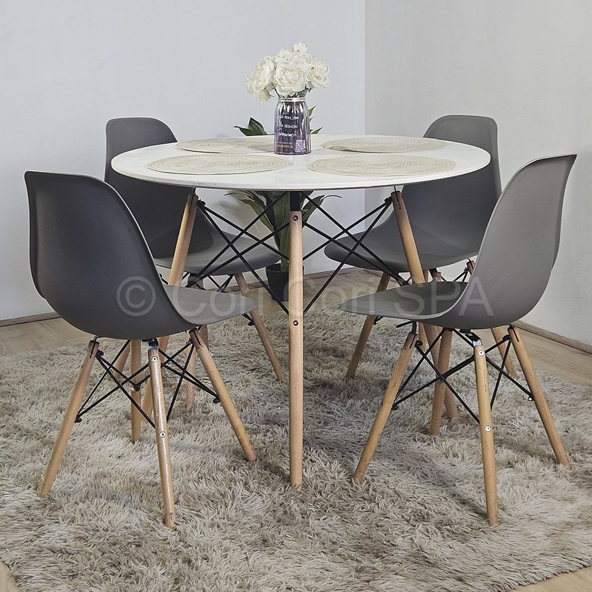 CORI CORI - Juego de Comedor Mesa Blanca 100cm + 4 Sillas Eames Grises