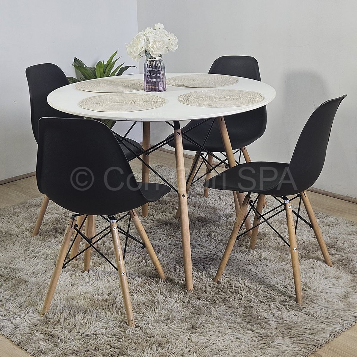 CORI CORI - Juego de Comedor Mesa Eames 80cms Blanca + 4 Sillas Eames Negro
