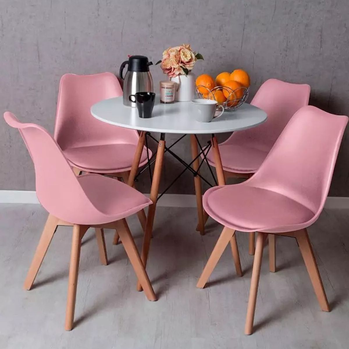 CORI CORI - Juego de Comedor Mesa Eames Melamina Blanca 80cm + 4 Sillas Tulip Rosa
