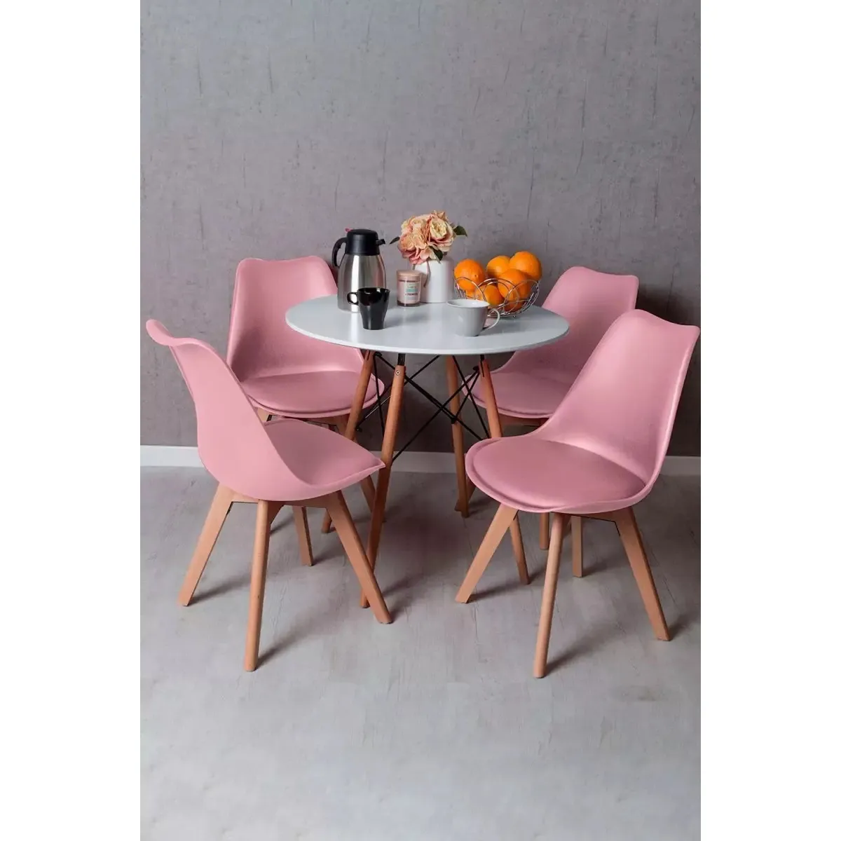 CORI CORI - Juego de Comedor Mesa Eames Melamina Blanca 80cm + 4 Sillas Tulip Rosa