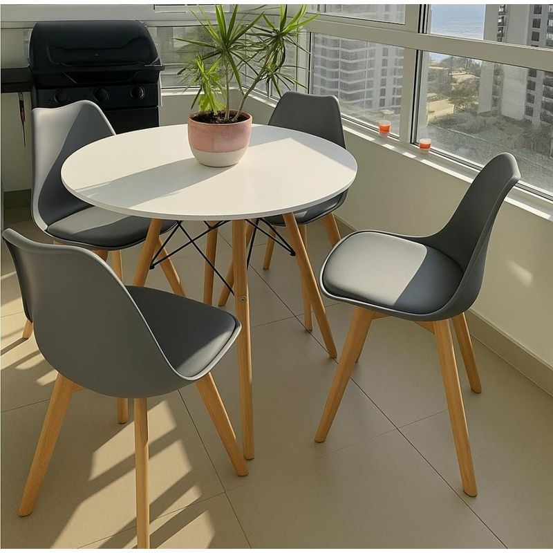 CORI CORI - Juego de Comedor Mesa Eames Blanca 80cm + 4 Sillas Tulip Gris