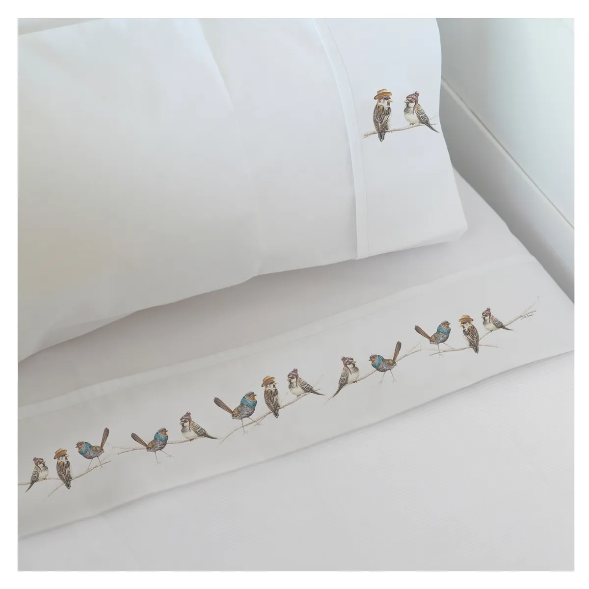 MARGARITA SCHEEL BY CASA ALVARINHO - Juego de Sábanas Pajaritos Amigos 1,5 Plazas