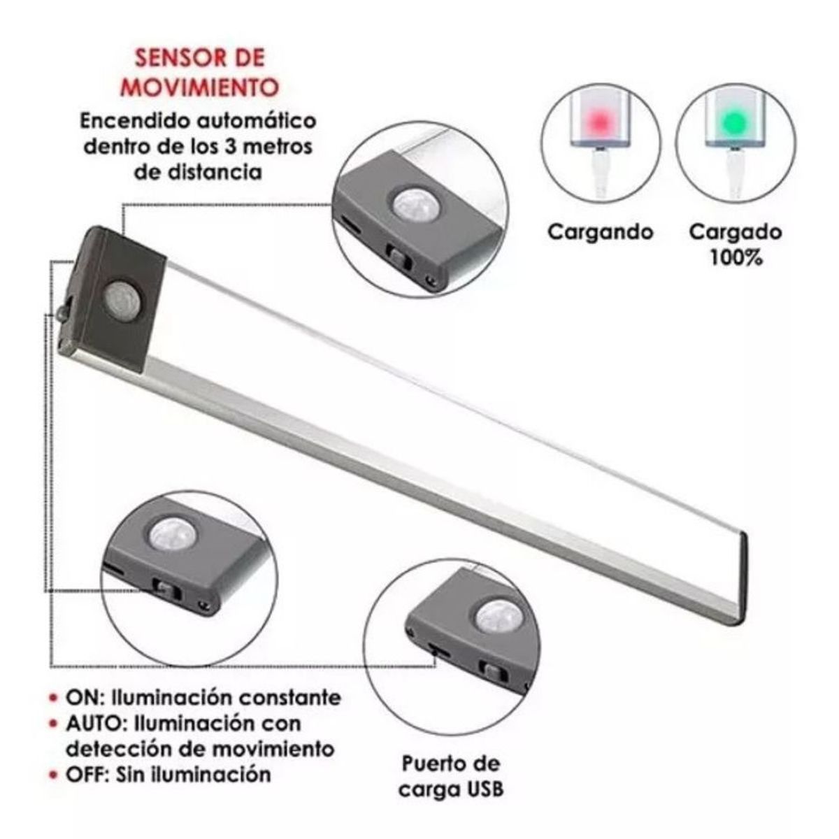 GENERICO - Luz Barra Led Recargable Con Sensor De Movimiento Multiuso