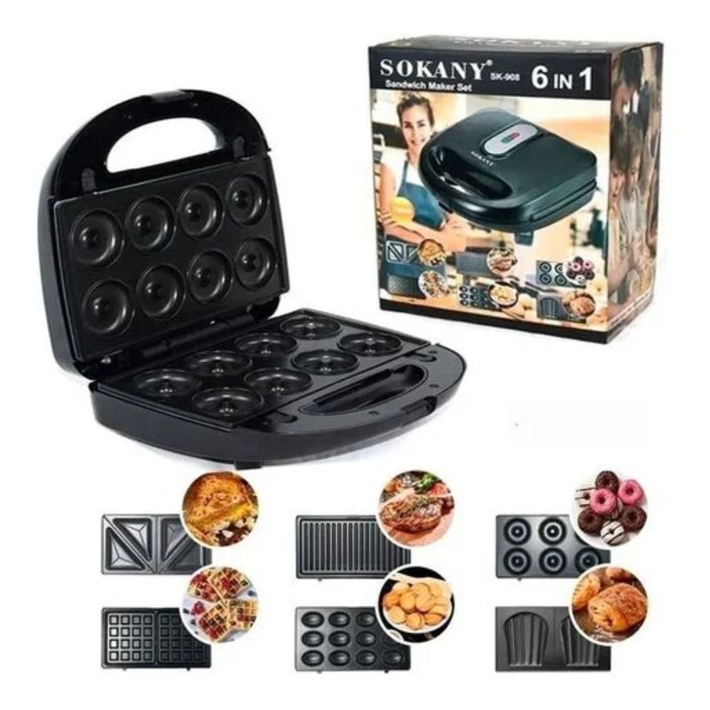 SOKANY - MAQUINA DONAS WAFFLERA SANDWICHERA GRIL 6 EN 1 SK-908 SOKANY