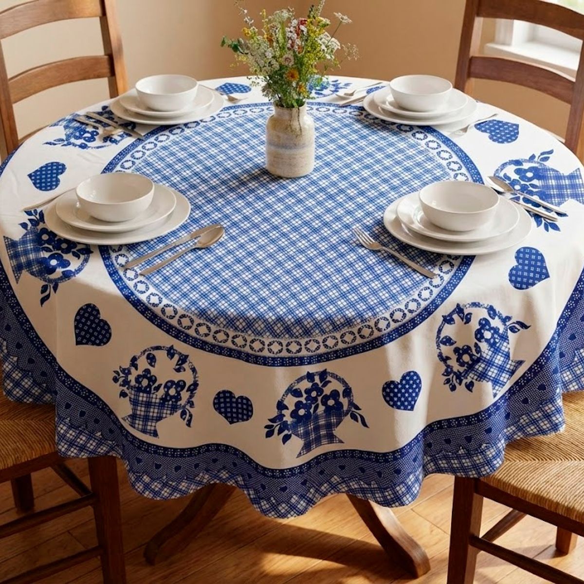 GENERICO - MANTEL DE TELA PARA MESA REDONDA TOP LAVABLE 18M DISEÑO AZUL