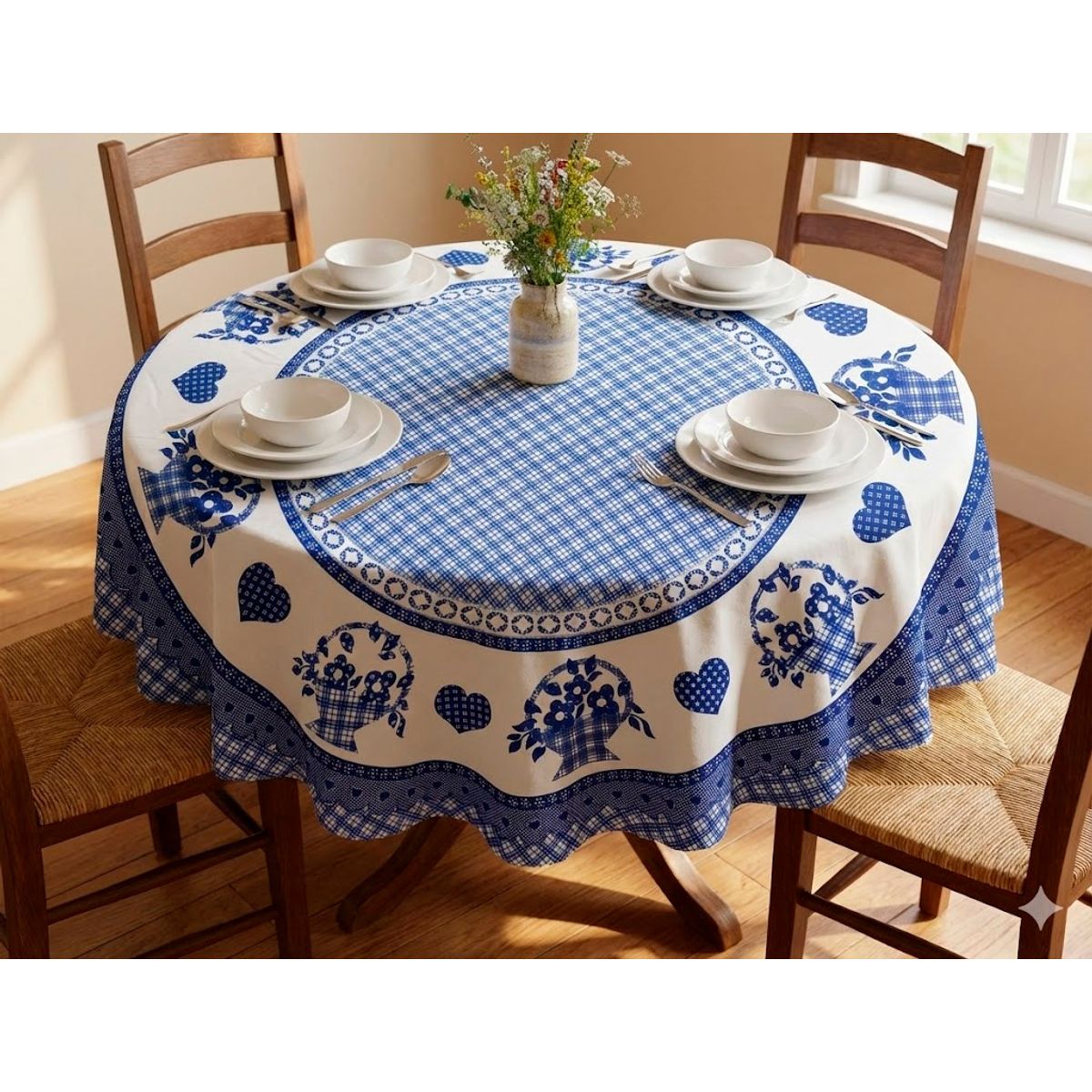 GENERICO - MANTEL DE TELA PARA MESA REDONDA TOP LAVABLE 18M DISEÑO AZUL