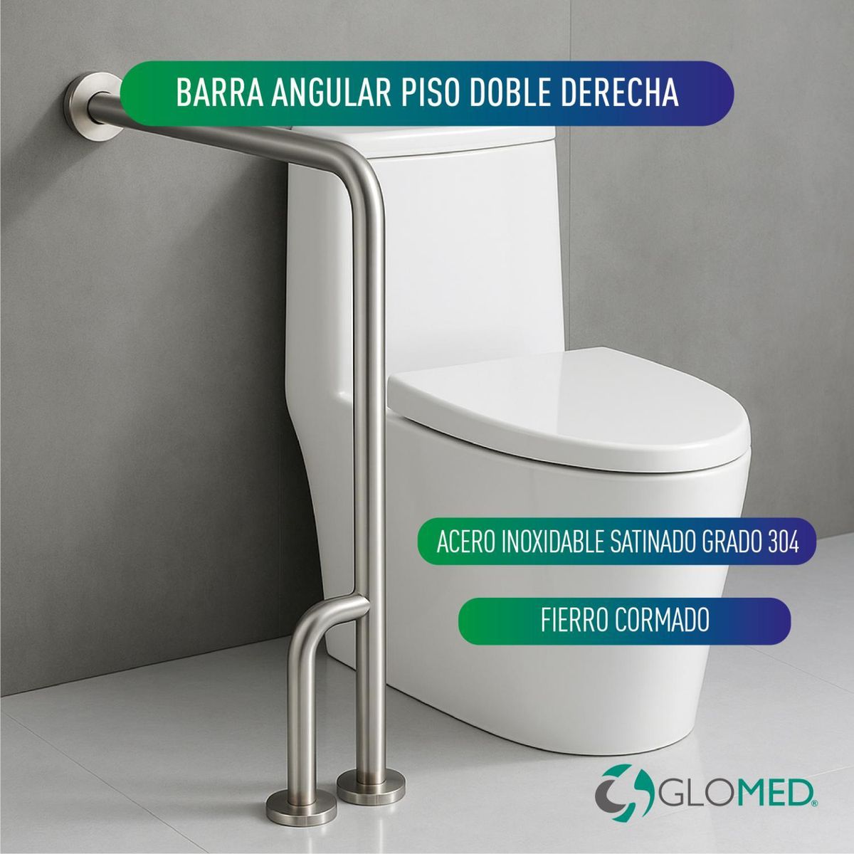 GLOMED - Barra Seguridad Baño Muro-Piso 3 Apoyos Derecha Acero Inox MAXCARE