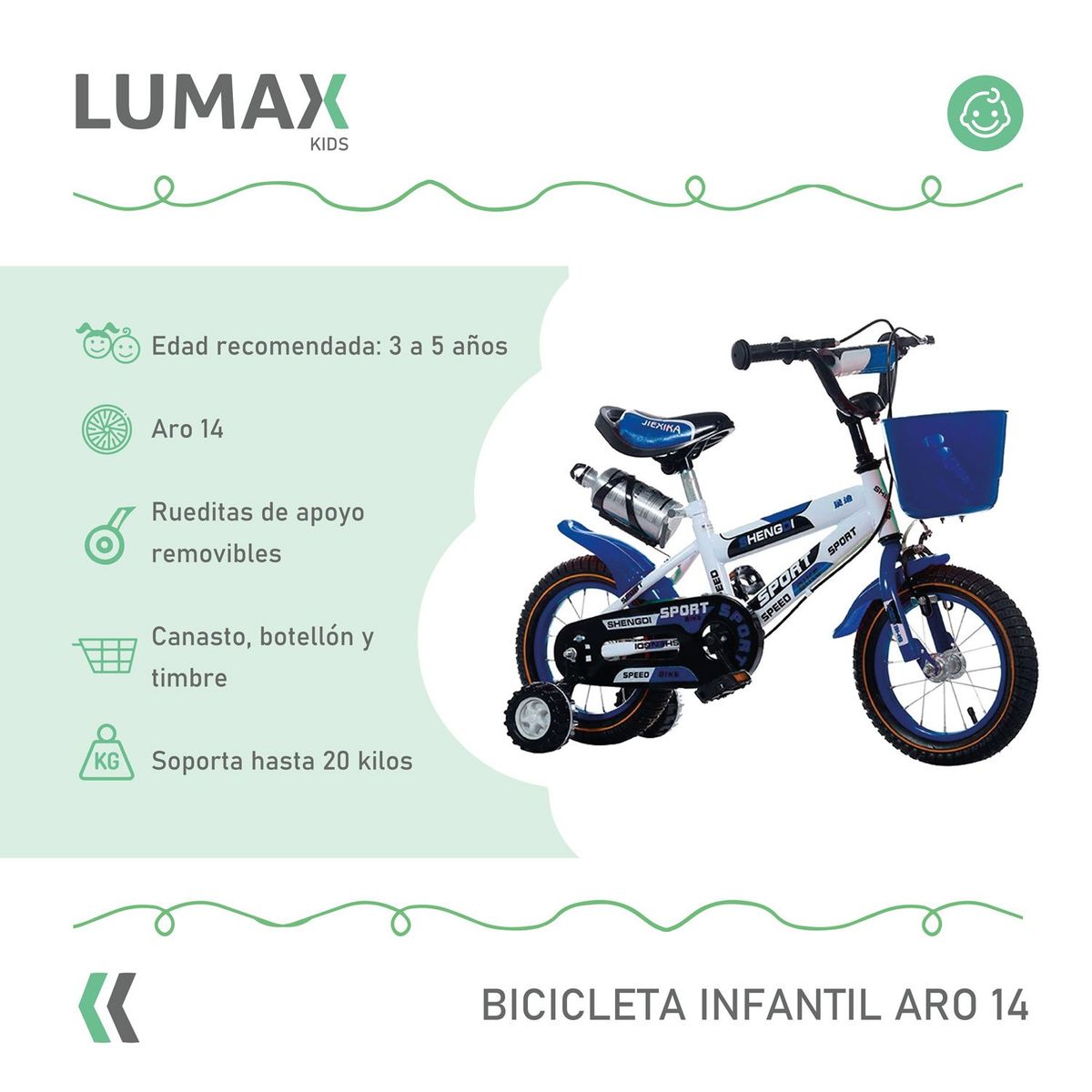 LUMAX - Bicicleta Infantil Lumax Aro 14 Color Azul