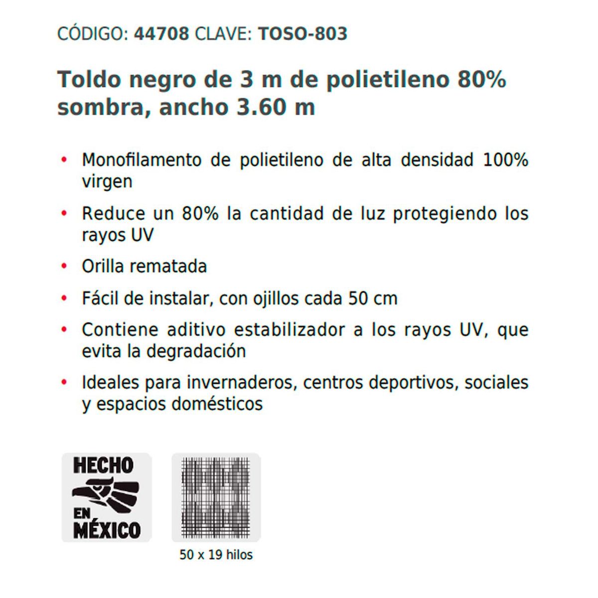 GENERICO - Toldo Polietileno 80 Sombra 36x3 Mt Negro Fiero Toso-803