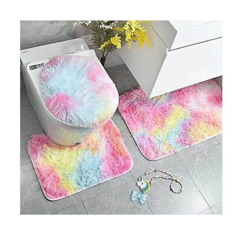 GENERICO - Set de Baño Peludo  Jaspeado Tipo Shaggy - 3 Piezas - Color arcoiris