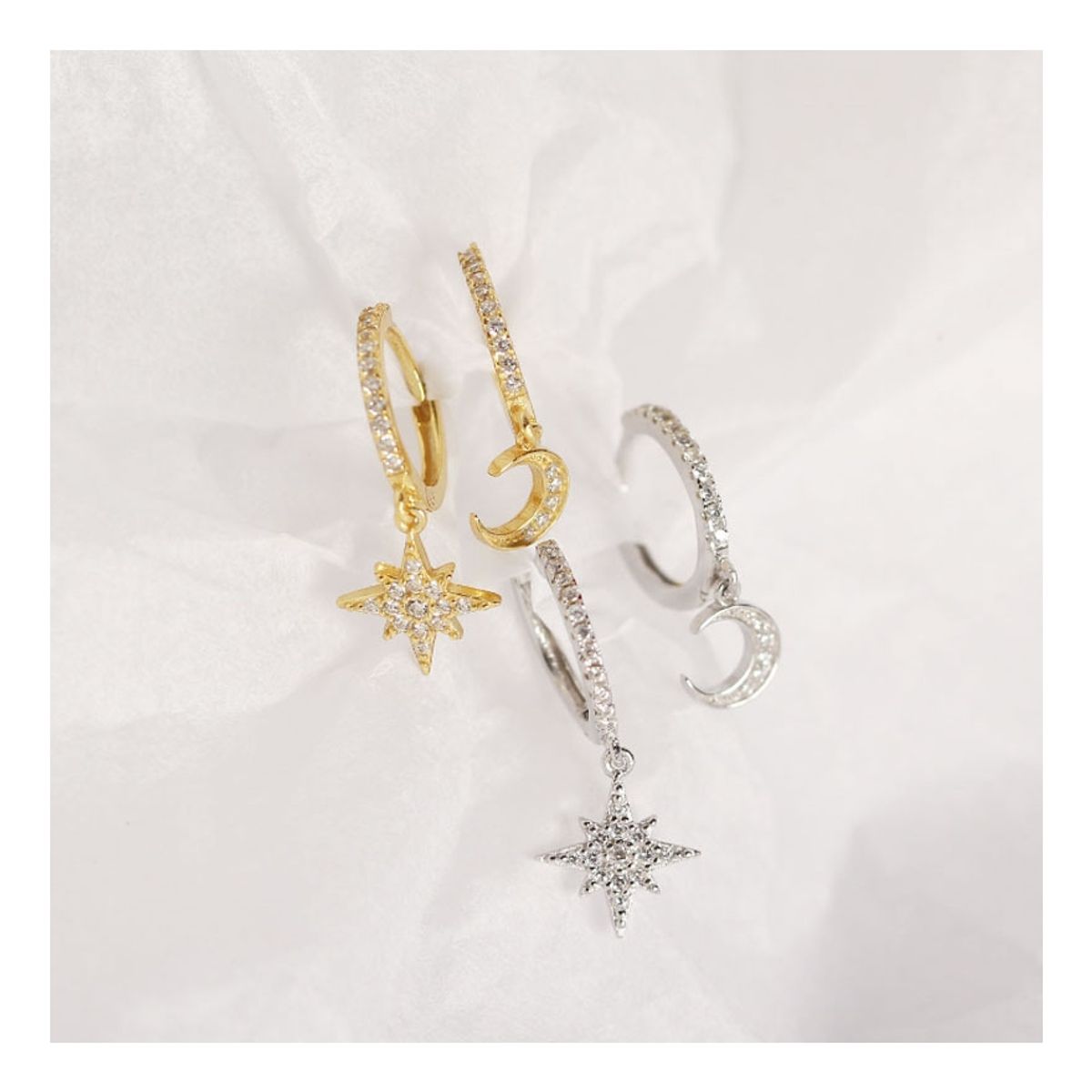 ZG JOYAS - Aros Pendientes Plata Esterlina 925 Asimetrica Estrella Luna