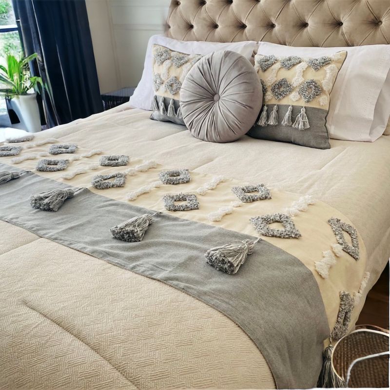 MANDIRHOME - Set Piecera Boho Gris Borla 210x60cms + 2 Fundas y 45x45cms