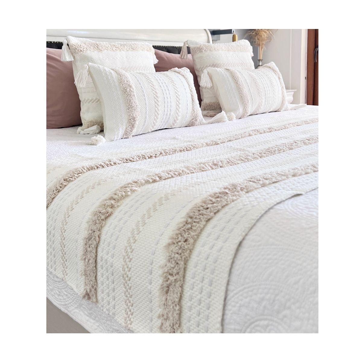 GENERICO - Set Piecera Boho Líneal Crudo 210x60cms + 2 fundas cojín 45x45cms