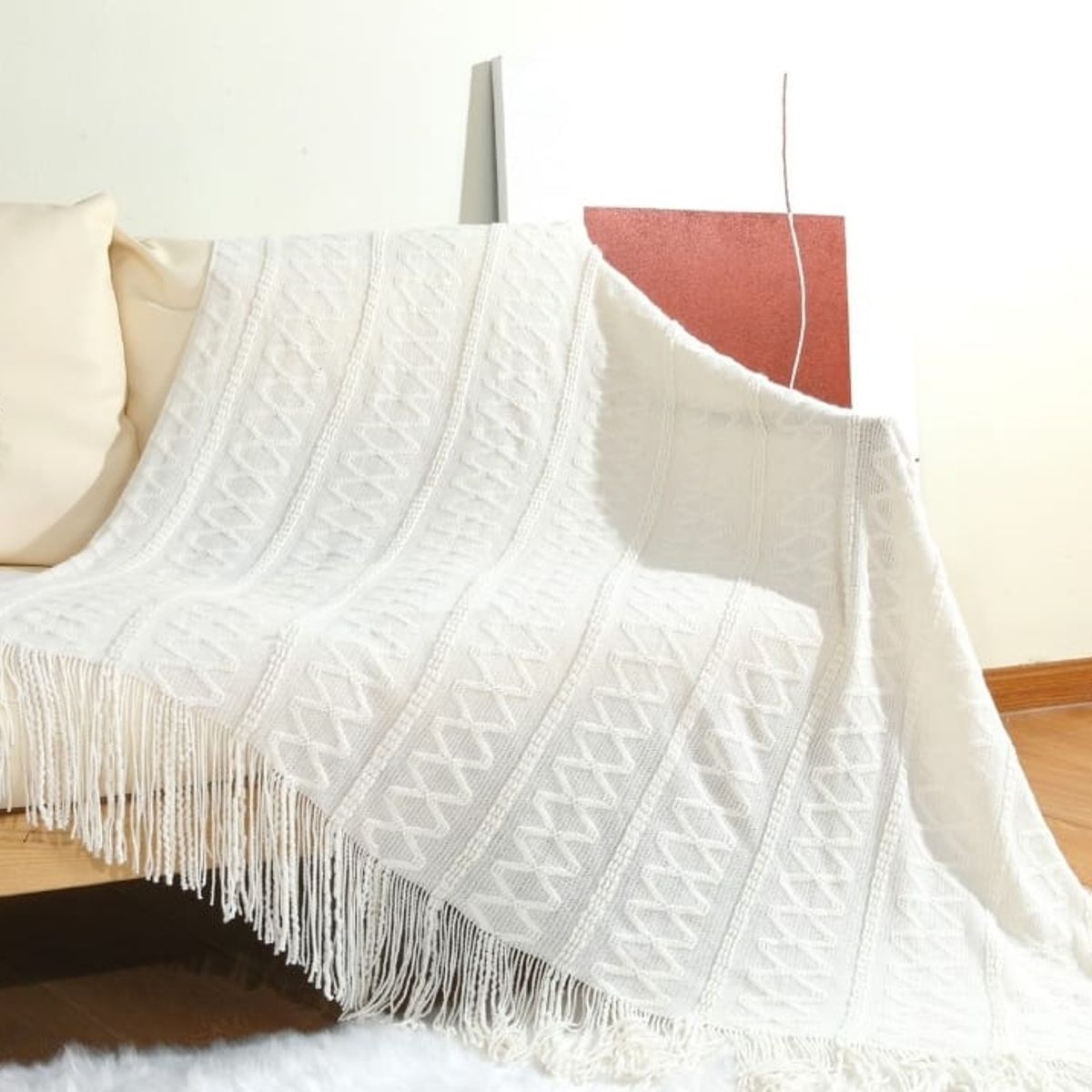 ANGELES DEL HOGAR - Manta de sofa tejida con flecos 172x127cm Blanco