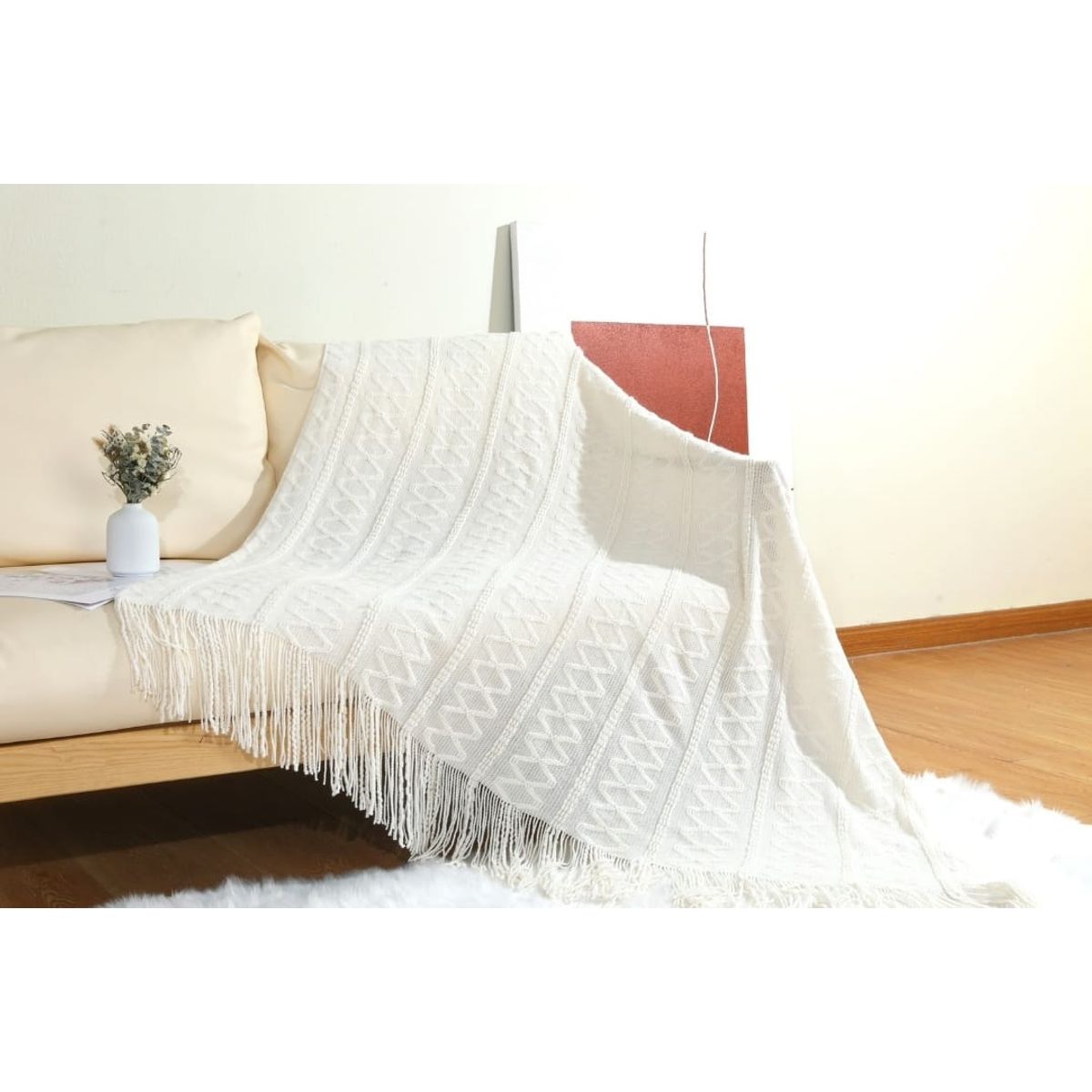 ANGELES DEL HOGAR - Manta de sofa tejida con flecos 172x127cm Blanco