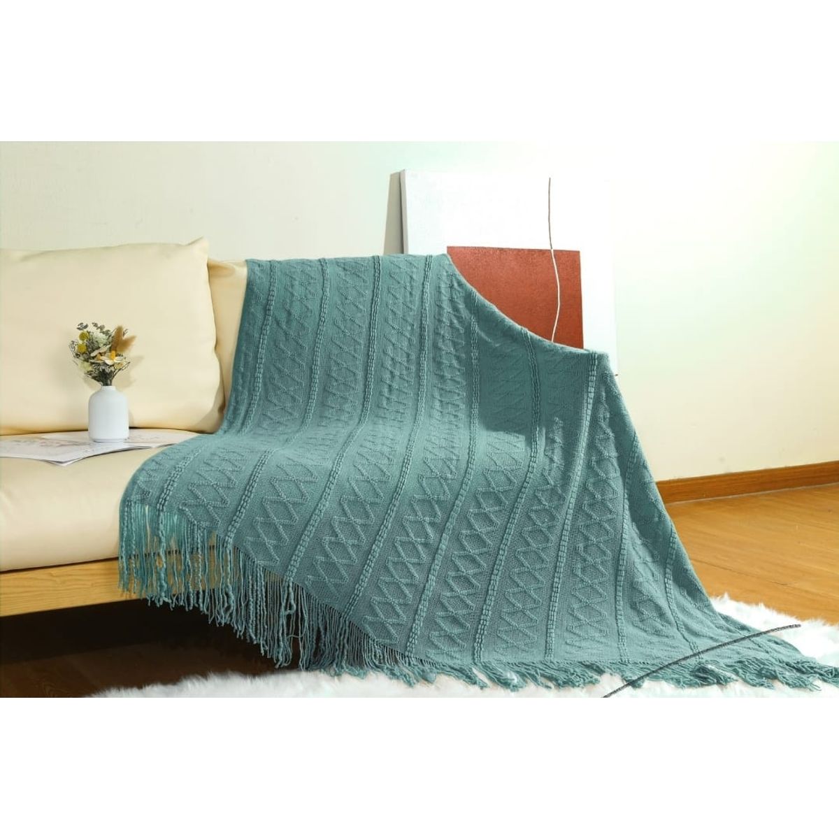 ANGELES DEL HOGAR - Manta de sofa tejida con flecos 172x127cm Turquesa