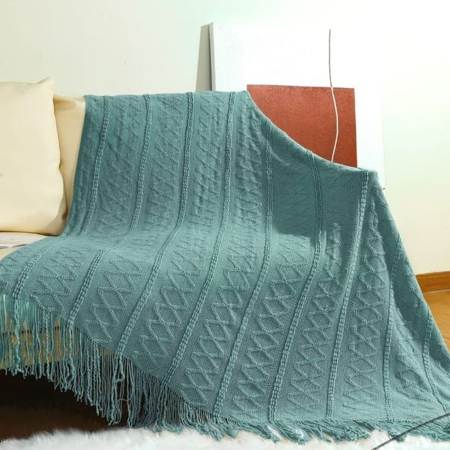 ANGELES DEL HOGAR - Manta de sofa tejida con flecos 172x127cm Turquesa