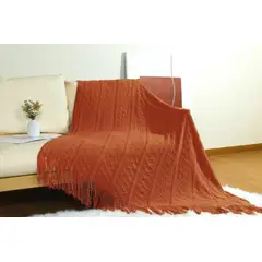 ANGELES DEL HOGAR - Manta de sofa tejida con flecos 172x127cm terracota