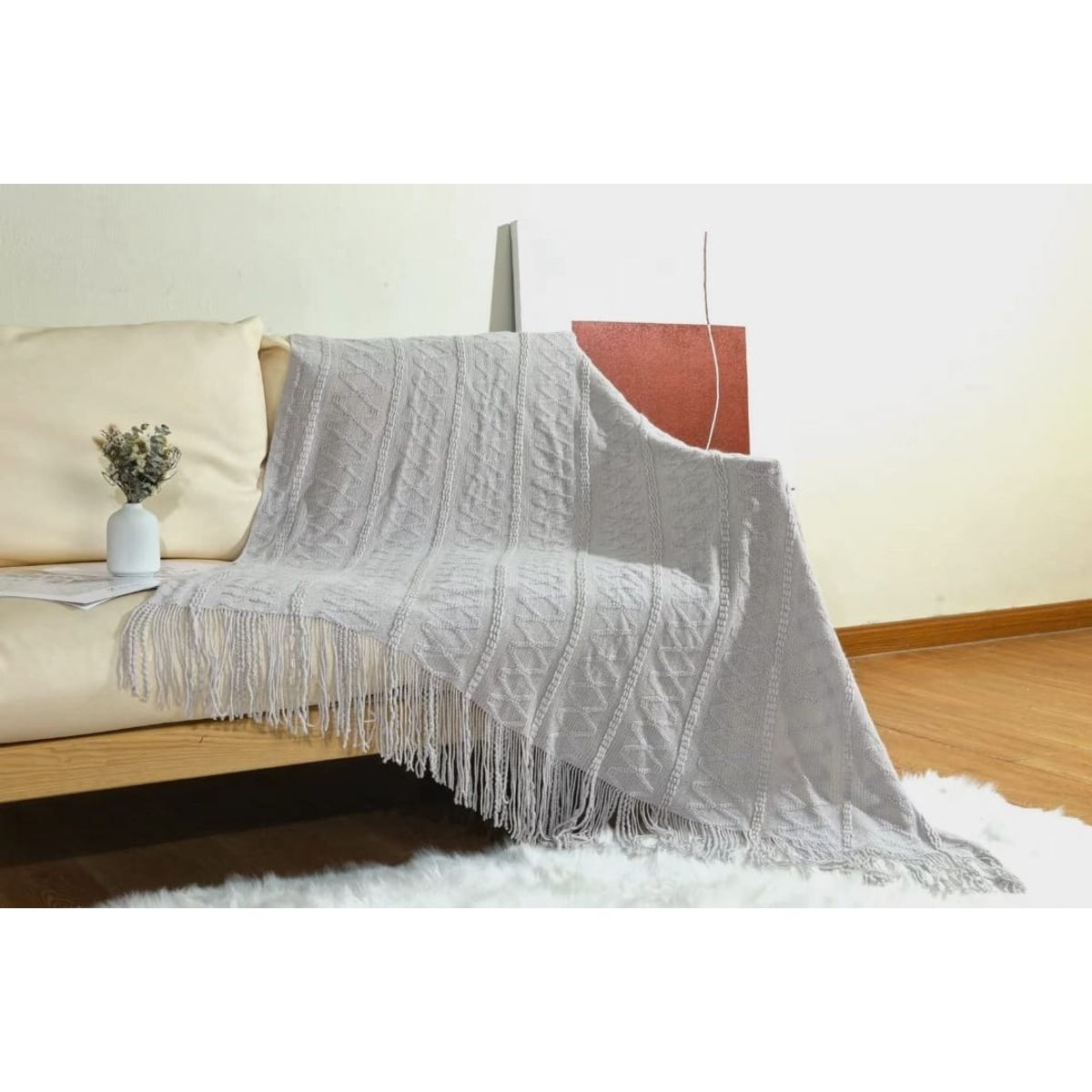 ANGELES DEL HOGAR - Manta para sofa tejida con Flecos 172x127cm Gris