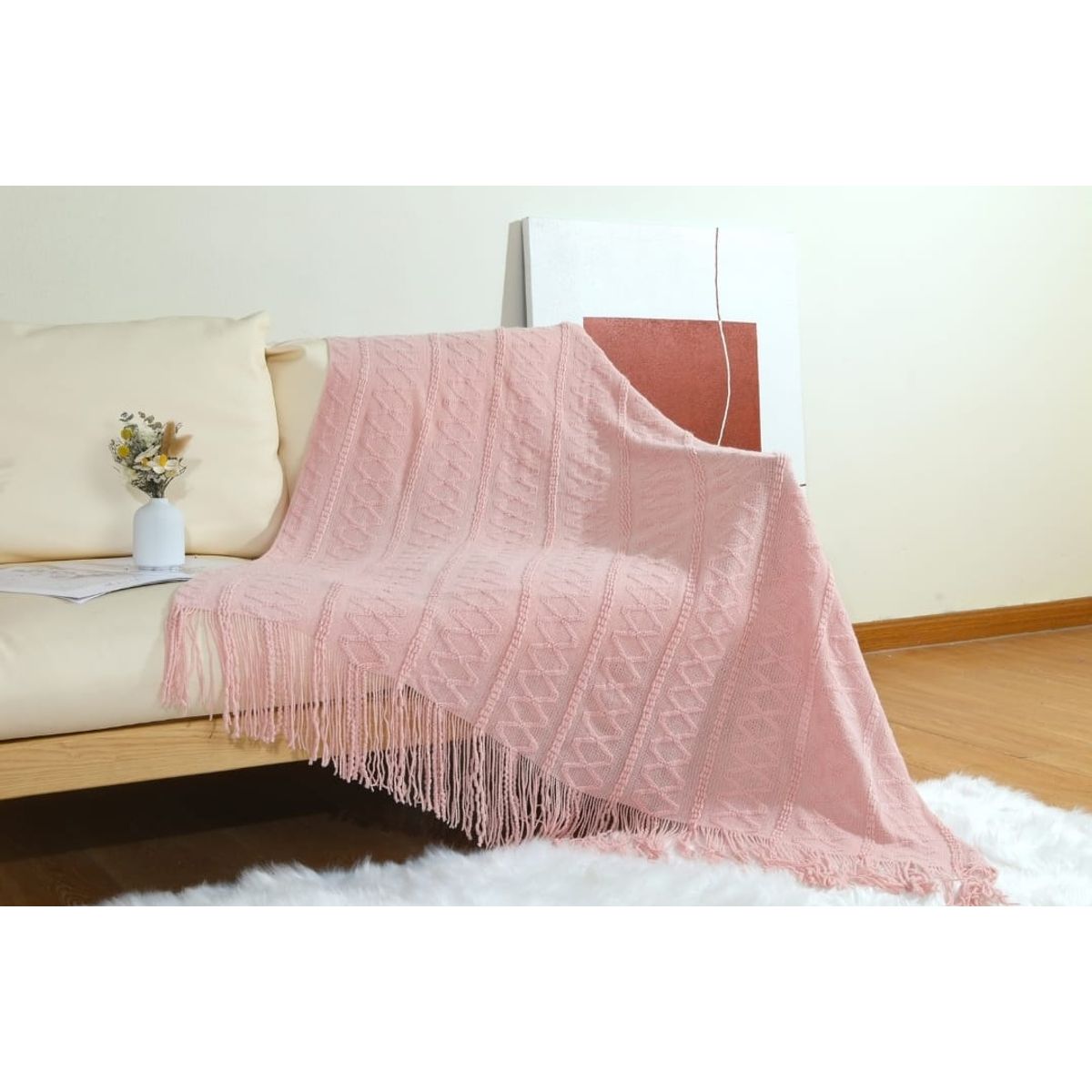 ANGELES DEL HOGAR - Manta para sofa tejida con Flecos 172x127cm Rosado