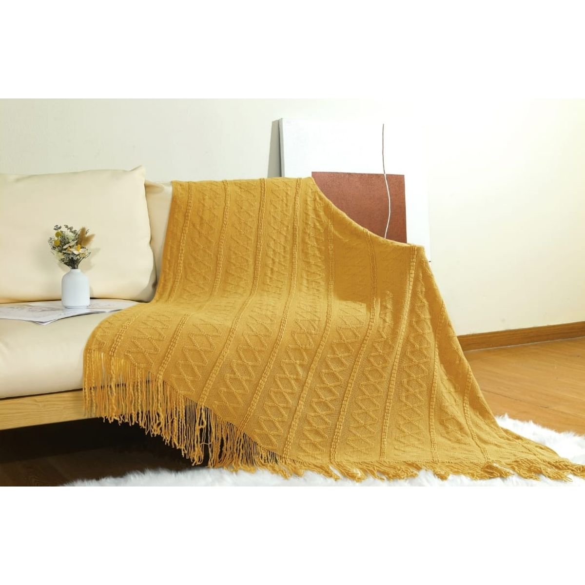 ANGELES DEL HOGAR - Manta para sofa tejida con Flecos 172x127cm Amarilla