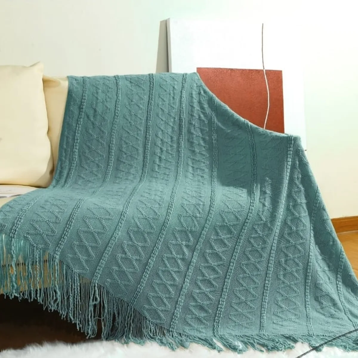 ANGELES DEL HOGAR - Manta para sofa tejida con Flecos 172x127cm Turquesa