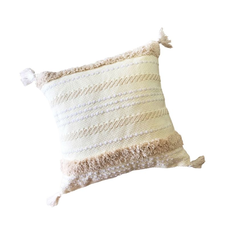 MANDIRHOME - Funda de Cojín Boho Crudo Aplicaciones Líneas Borlas Cuadrada