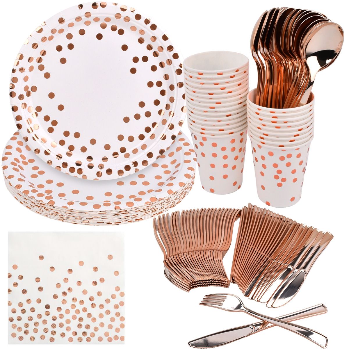 AIZO - Oro rosa Pack 150 Vajilla Plato Taza Papel Cuchillo Tenedor Cuchara