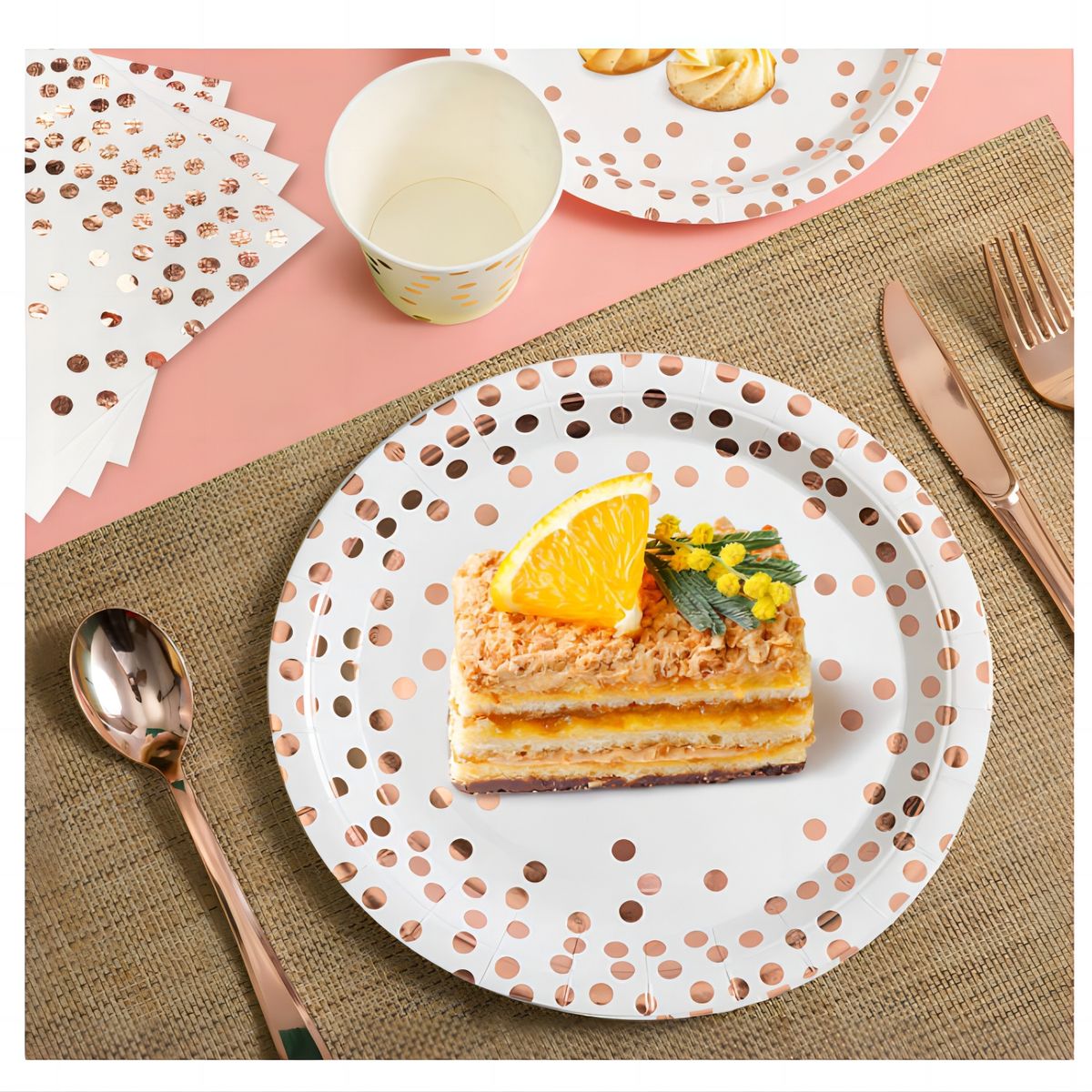 AIZO - Oro rosa Pack 150 Vajilla Plato Taza Papel Cuchillo Tenedor Cuchara