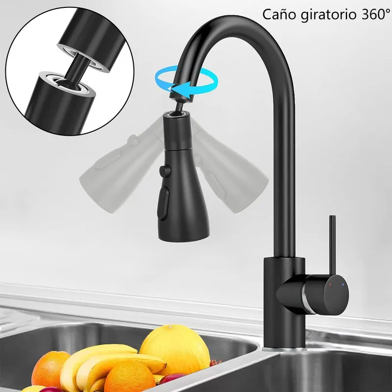 AIZO - Negro Grifo Llave Lavaplatos Monomando Llave De Agua Flexible 360°