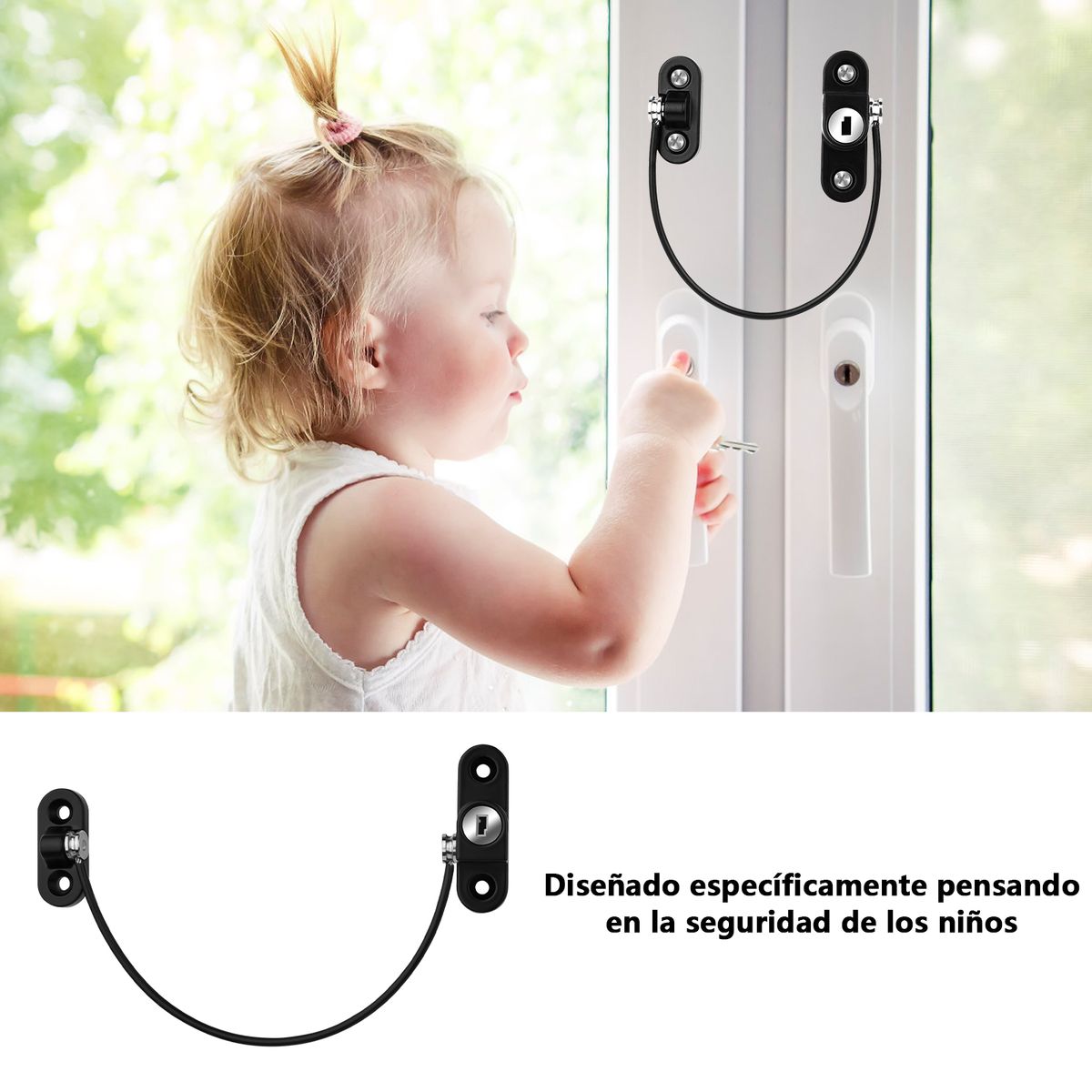 AIZO - Negro Seguro Ventana Niños Cable Acero Y Llave Ventana Puertas