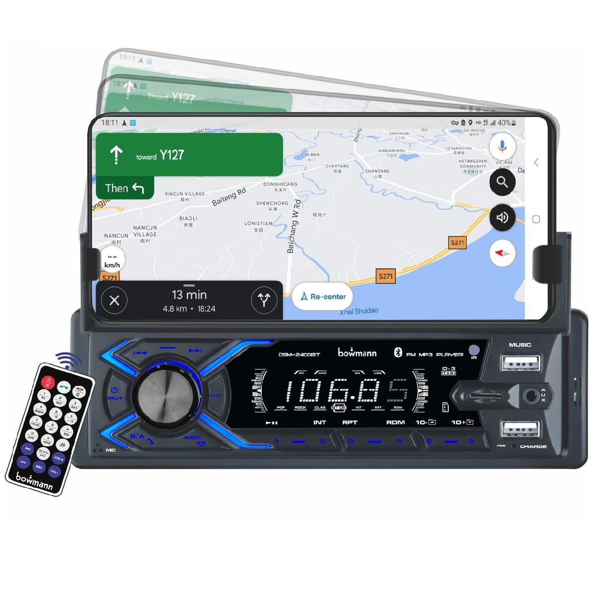 BOWMANN - Radio Auto Con Soporte Celular  Bluetooth Manos Libres Usb