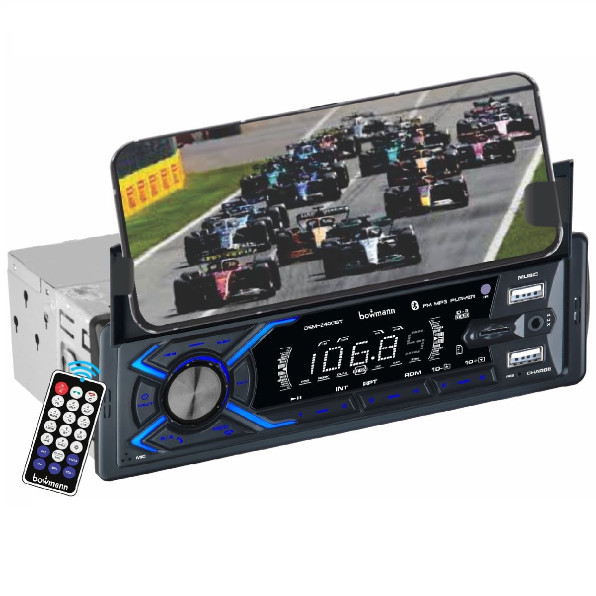 BOWMANN - Radio Auto Con Soporte Celular  Bluetooth Manos Libres Usb
