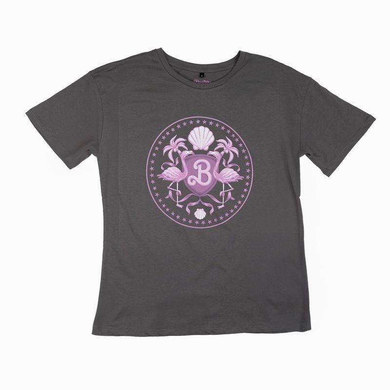 BARBIE - Polera Mujer Barbie Letras Rosa Gris Barbie