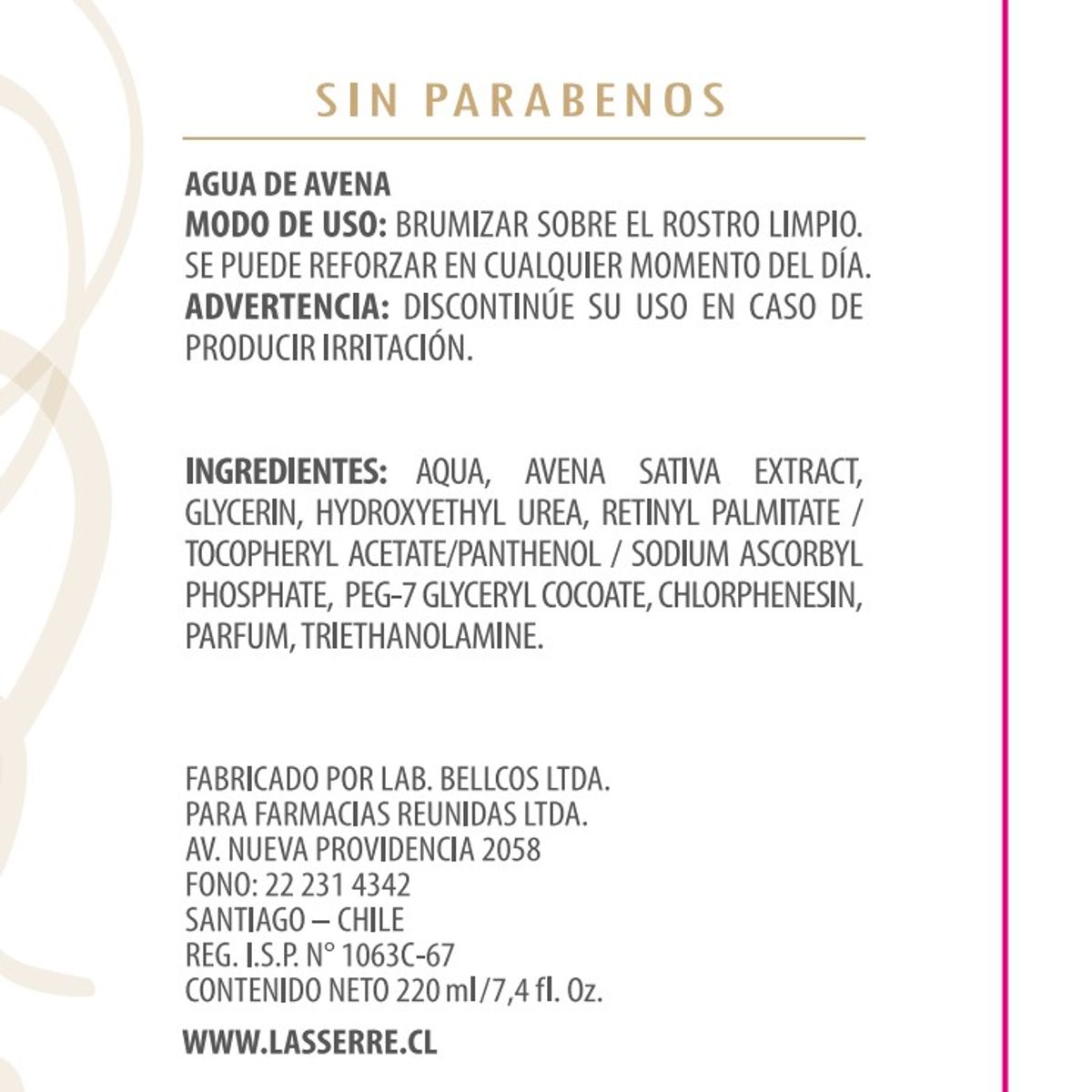 LASSERRE COSMETIQUE - Agua de Avena 220 ml Lasserre Cosmétique