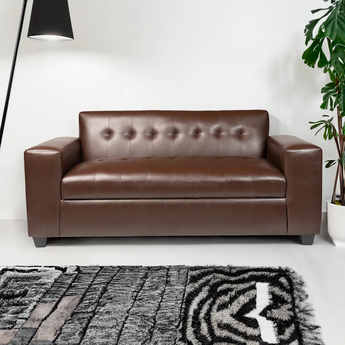 MUEBLES NEW - SOFA DOS CUERPOS ECOCUERO MARRON.