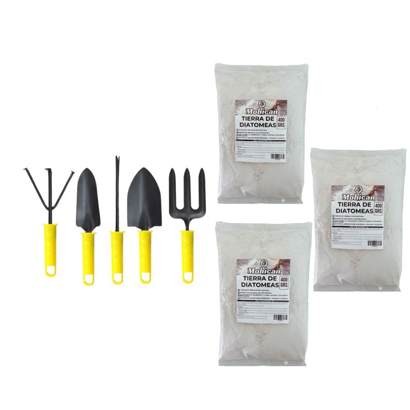 MOHICAN - SET HERRAMIENTAS JARDIN MANGO PLA + TIERRA DIATOMEAS 1,2KG