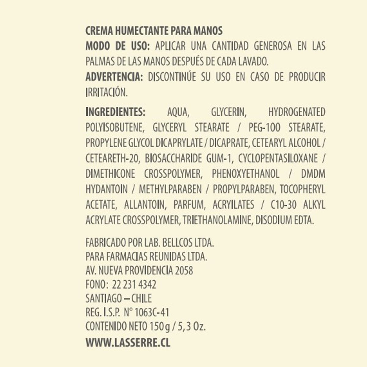 LASSERRE COSMETIQUE - Crema Humectante para Manos 150 g Lasserre Cosmétique