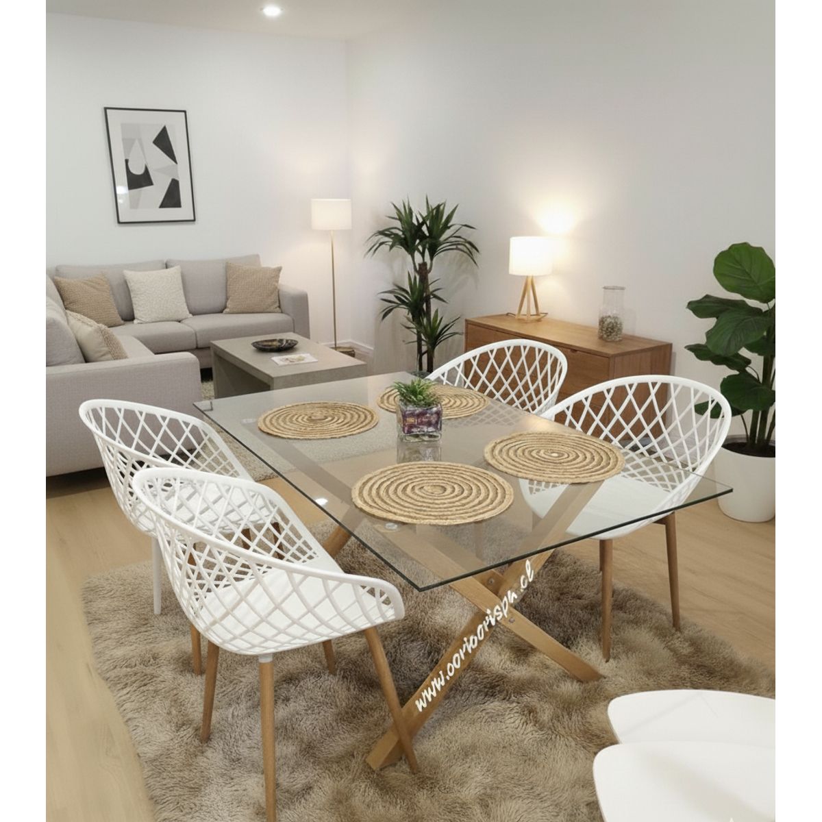 CORI CORI - Juego de Comedor Vidrio 140x90 + 4 Sitiales Mesh Blanco