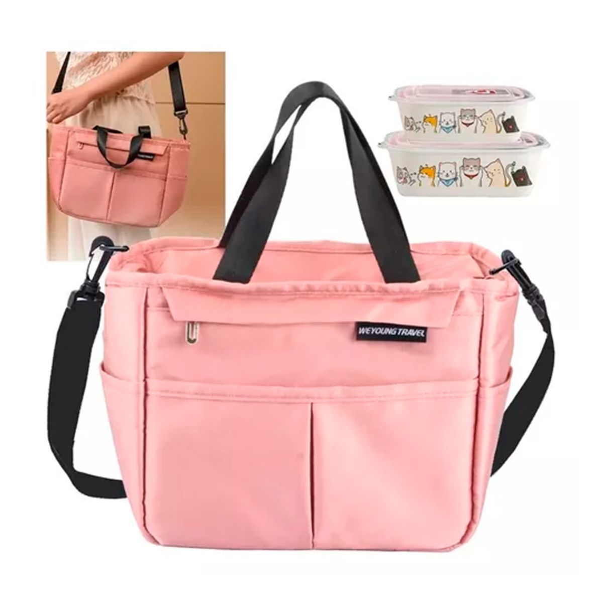 GENERICO - Bolsa Lonchera Térmica Gran Capacidad Con Correa Rosa